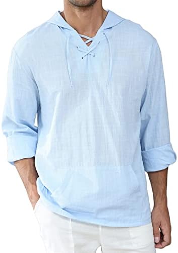 Férfi Pamut Vászon Ing, Hosszú Ujjú, V-Nyakú Húzózsinórral kapucnis felső Középkori shirt Zsebbel