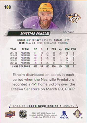 2022-23 Felső szint 100 Mattias Ekholm Nashville Ragadozók Sorozat 1 NHL Jégkorong Trading Card