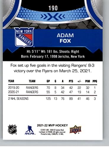 2021-22 Felső szint MVP Kék 190 Adam Fox New York Rangers Hivatalos NHL Jégkorong Kártya a Nyers (NM