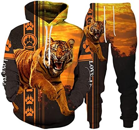 Állat Tigris 3D Nyomtatott Kapucnis felső + Nadrág Vagány Férfi Nő 2 Db Sportwear Melegítő Szett Ősz Férfi