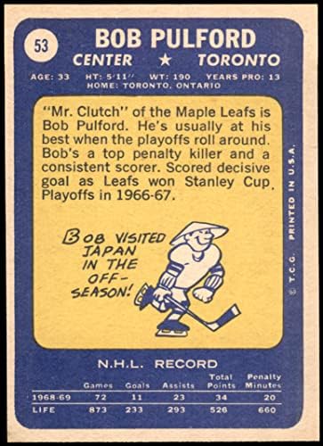 1969 Topps 53 Bob Pulford Toronto Maple Leafs (Hoki-Kártya) EX/MT+ Maple Leafs