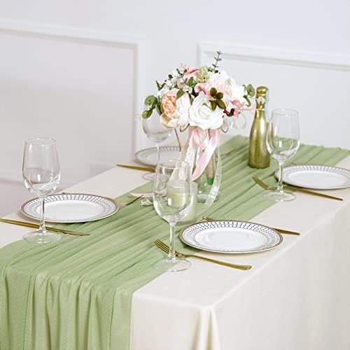 Fixwal Zöld Chiffon asztali Futó, 120 Cm Zsálya Zöld Elegáns Puszta Esküvői asztali Futó, Romantikus Asztal